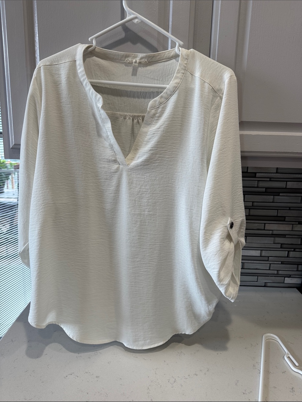 Maurices White Split V-Neck Roll-Tab Sleeve Blouse